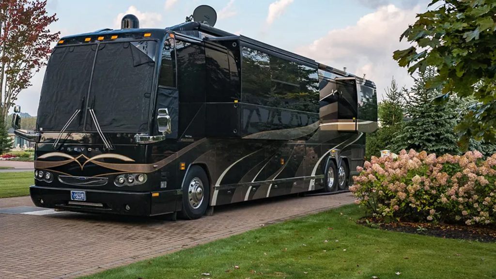 Magne Shade magnetic sunshade installed on a Prevost H3-45 windshield