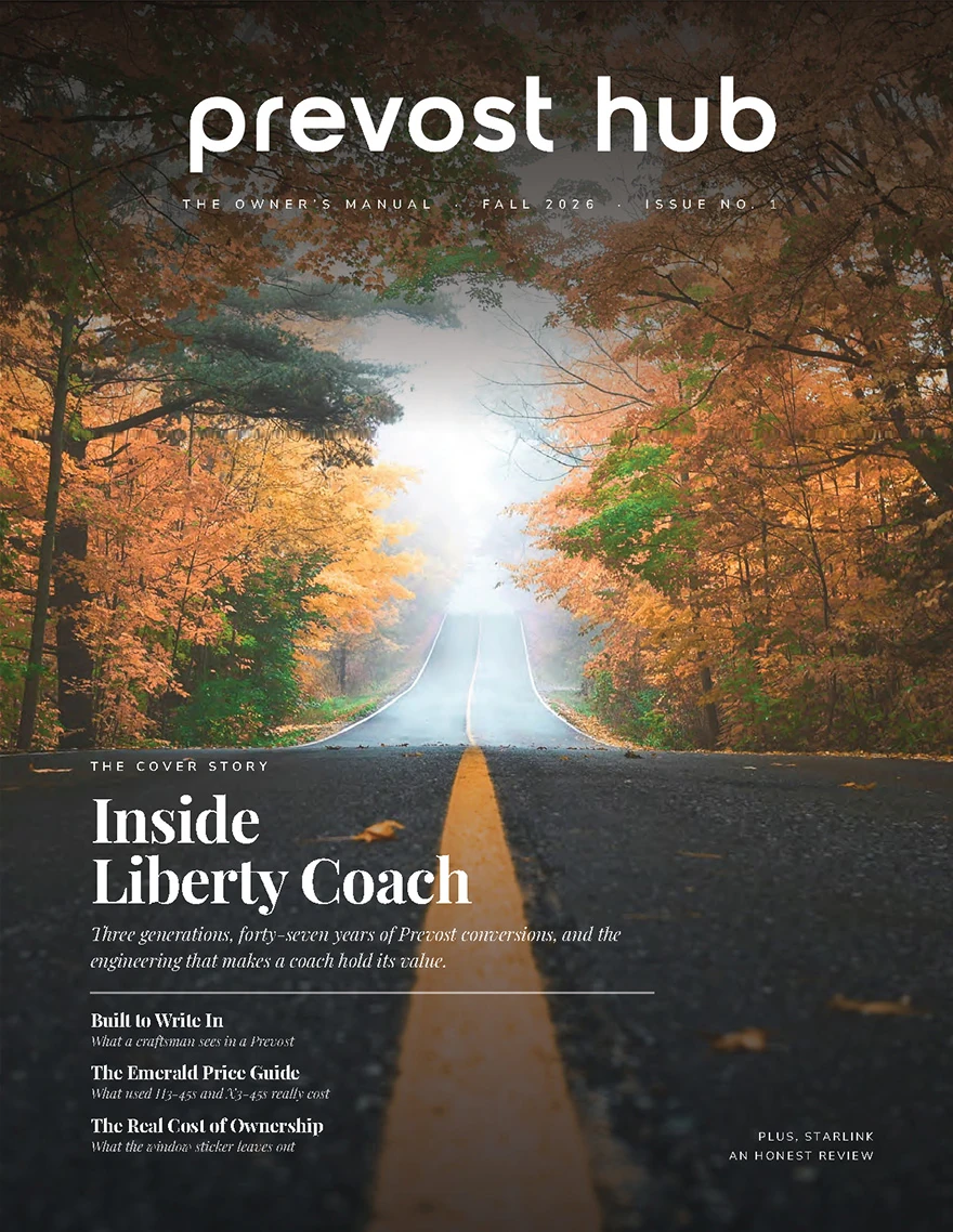Cover of The Owner's Manual, Issue One, Fall 2026: an autumn road, with the cover story Inside Liberty Coach